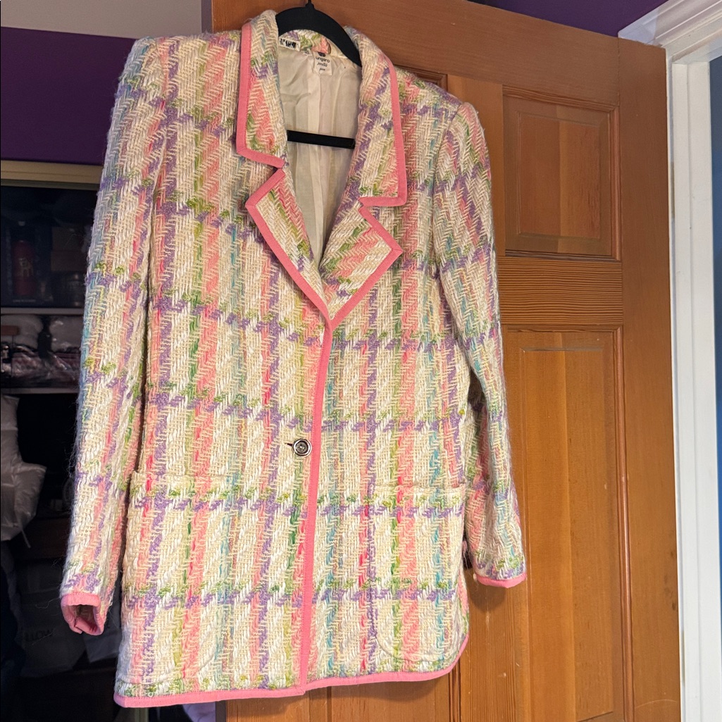 Vintage Ungaro Colorful Plaid Blazer With Pink Trim Made In Italy, Size 10